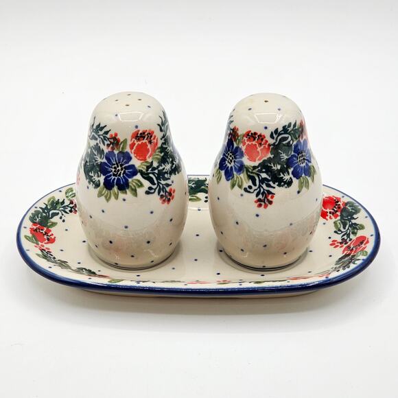 Colorful Polish Pottery Salt and Pepper Set by Boleslawiec-Garden Party Pattern - Picture 2 of 8